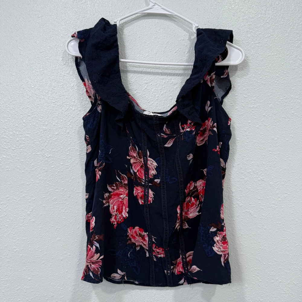 Maurices Navy‎ Pink Floral Ruffle Eyelet Lace Sleeveless Blouse Top Small